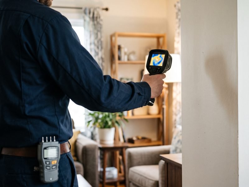 Technician using a moisture meter to check a wall for hidden damp