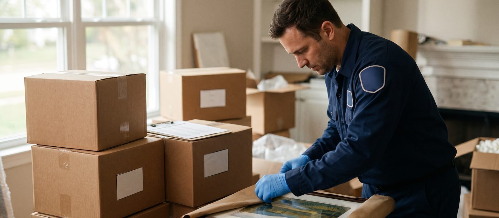 Technician packing household belongings into boxes during a contents pack-out