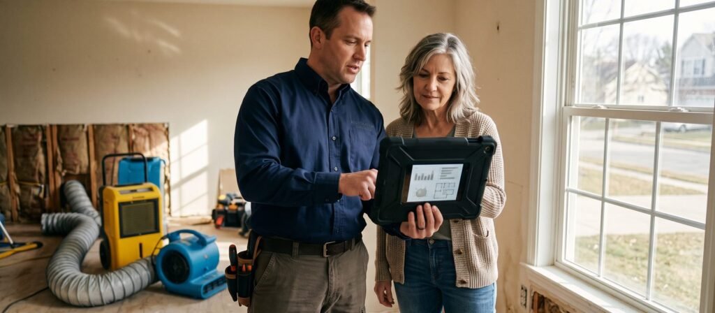 Homeowners reviewing an insurance claim document on a tablet