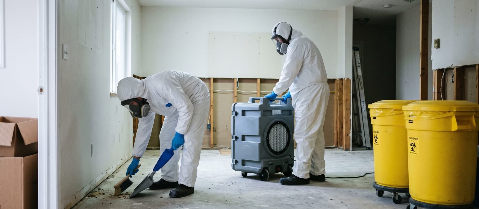 Technicians in protective suits removing damaged drywall during remediation