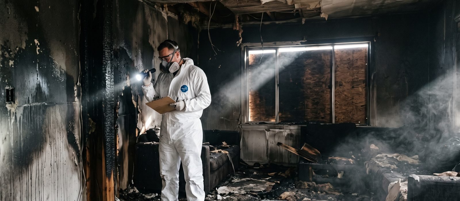 Restoration worker treating smoke-damaged walls after a house fire