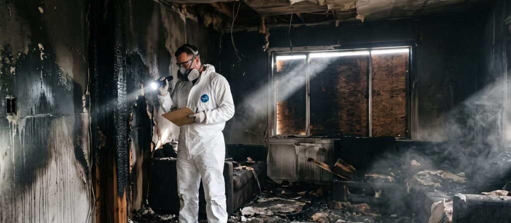 Technician in a protective suit cleaning soot from a fire-damaged room