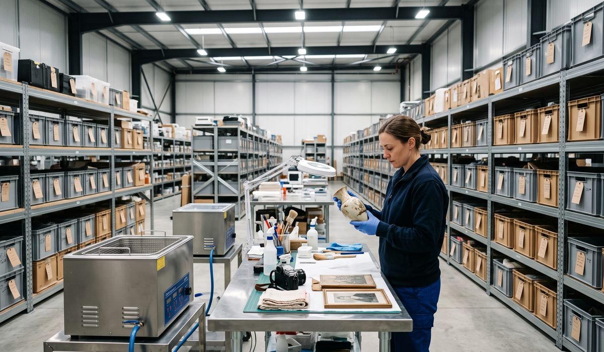Technician cleaning and inventorying belongings in the contents restoration facility
