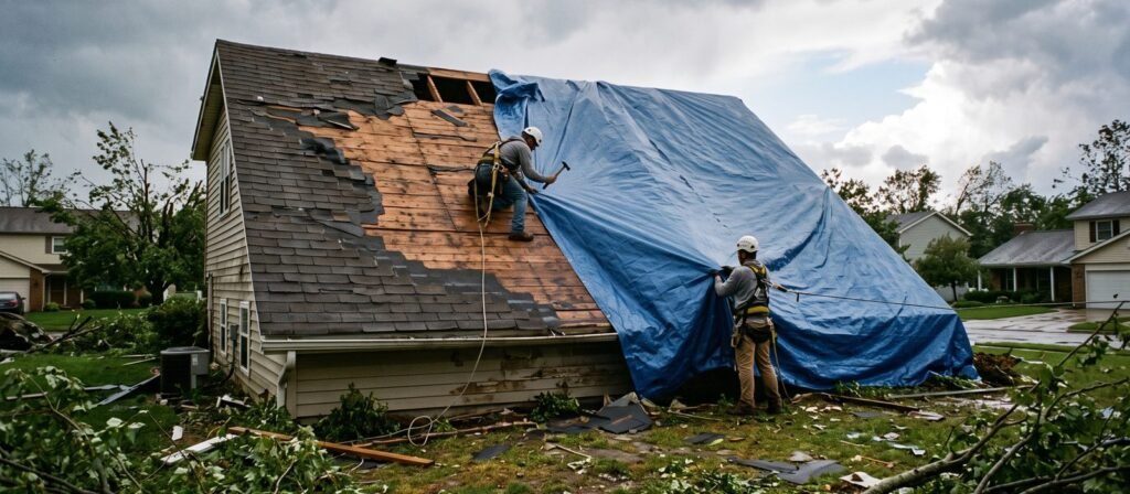 Blue tarp covering a storm-damaged roof after high winds