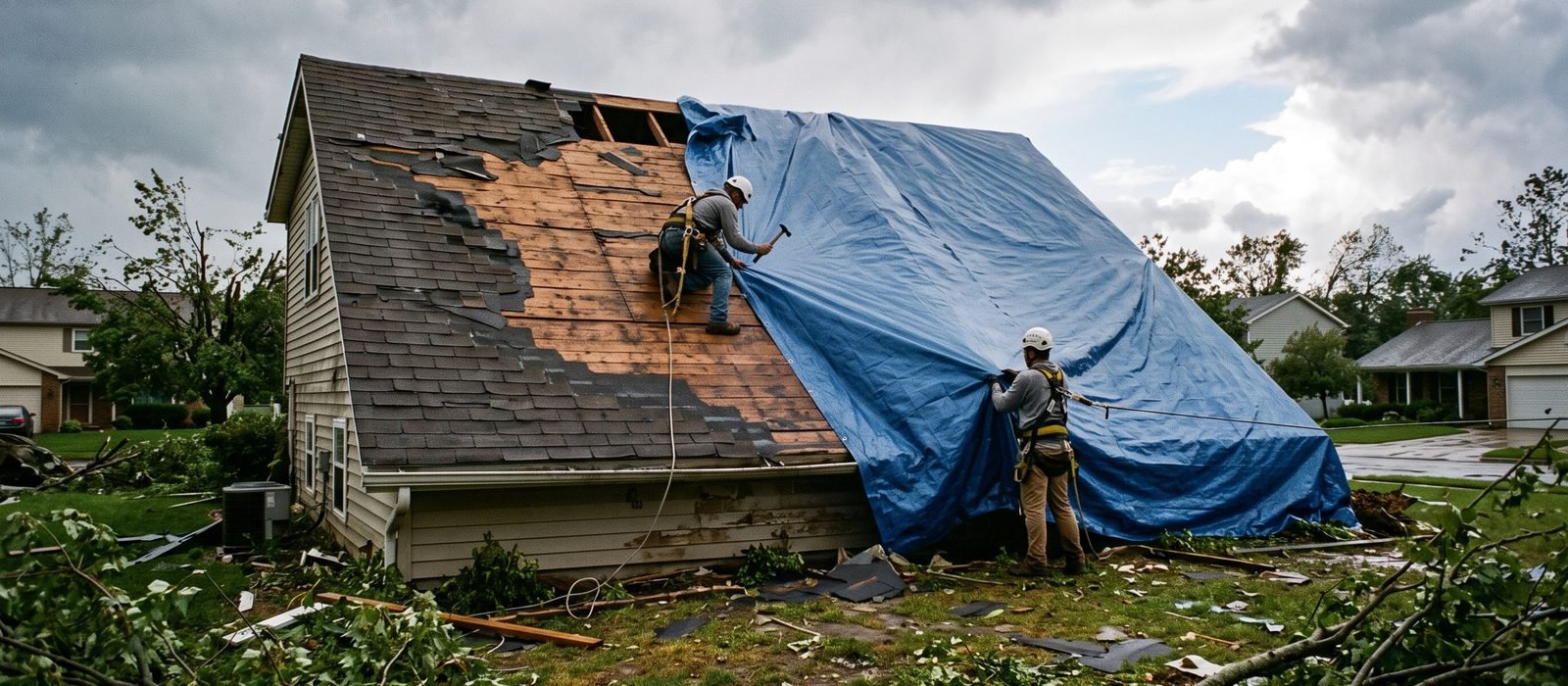 Blue tarp covering a storm-damaged roof after high winds