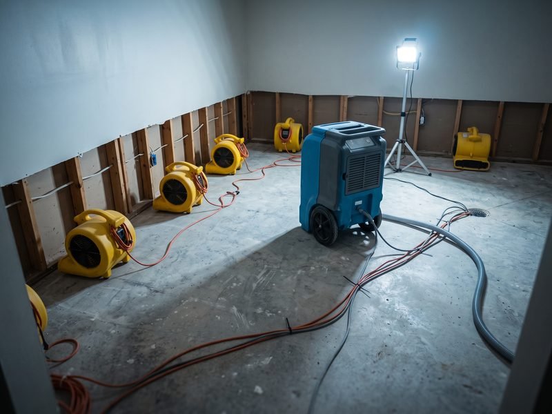 Dehumidifier and air movers drying out a basement after water damage