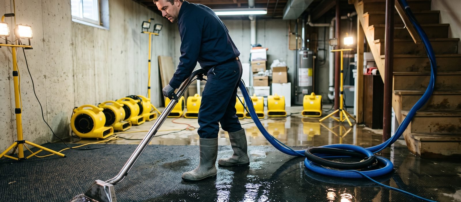 Technician vacuuming water from a flooded floor during water damage restoration
